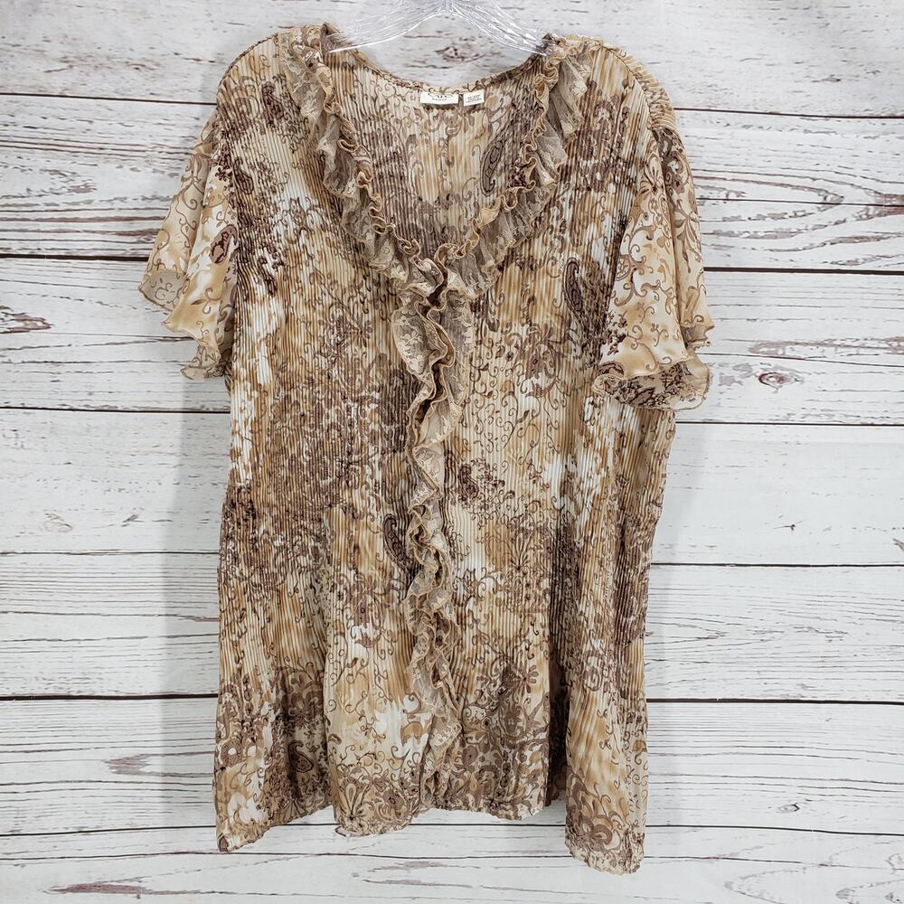 Cato Women's Brown Floral Ruffle Crinkle Top Blouse Size 22/24W